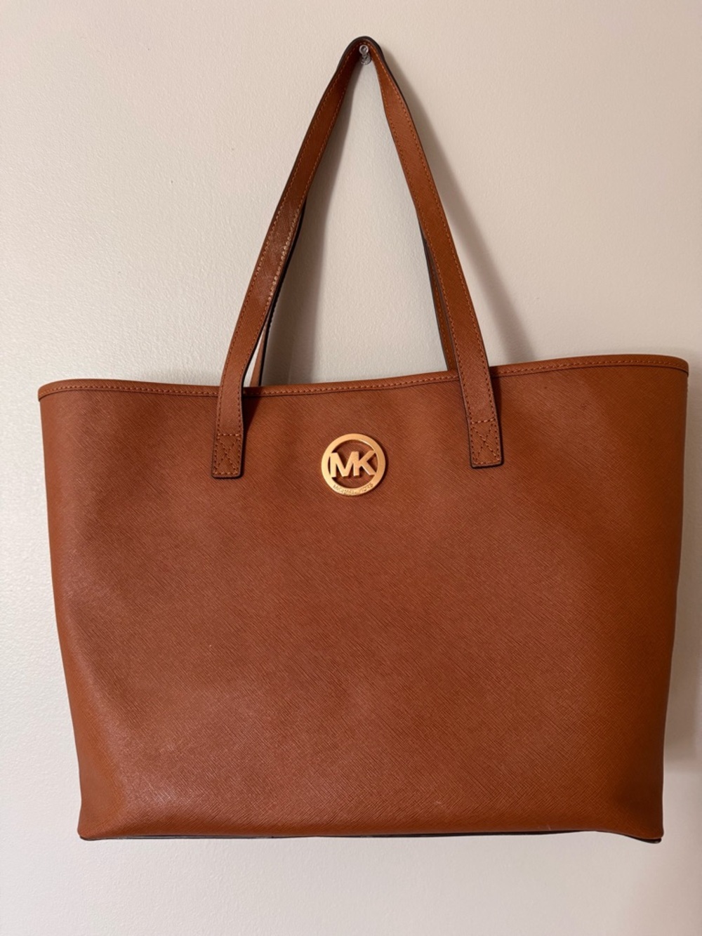 Michael Kors Tan Brown Saffiano Leather Tote with Gold MK Logo